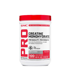 Creatina Monohidratada GNC Pro Performance de 100 servidas en polvo para aumento de fuerza y masa muscular.