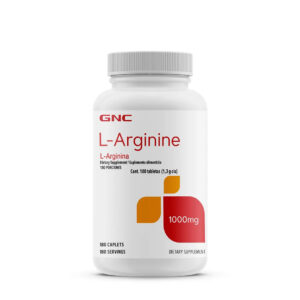 Botella de GNC L-Arginina 1000mg, envase de 180 cápsulas. Suplemento precursor de óxido nítrico para atletas en Ecuador. Pureza y calidad garantizada.