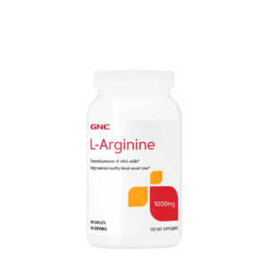 Botella de GNC L-Arginina 1000mg, envase de 90 cápsulas. Suplemento precursor de óxido nítrico para atletas en Ecuador. Pureza y calidad garantizada.