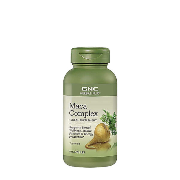 GNC Maca Complex de 60 cápsulas vegetarianas, suplemento adaptógeno para la energía y balance hormonal.