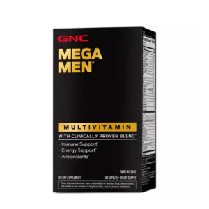 Frasco de GNC Mega Men de 180 caplets, multivitamínico avanzado con vitaminas de la A a la Z para potenciar la energía y rendimiento del hombre.