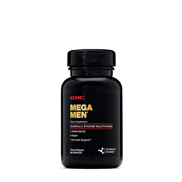 GNC-Multivitaminico-Mega-Men-90-Capsulas Frasco de GNC Mega Men de 90 caplets, multivitamínico avanzado con vitaminas de la A a la Z para potenciar la energía y rendimiento del hombre.