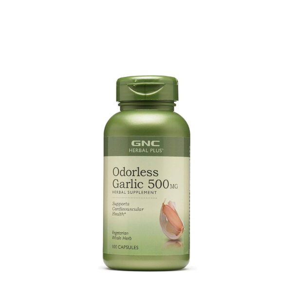 GNC Herbal Plus Ajo sin Olor (Odorless Garlic) 500mg (100 Cápsulas), suplemento de ajo sin olor para el soporte cardiovascular en Ecuador.