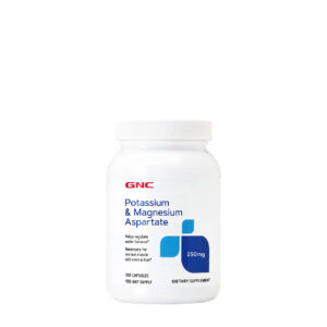 Suplemento GNC Aspartato de Potasio y Magnesio de 250mg en cápsulas para prevenir calambres musculares y equilibrar electrolitos en Ecuador.