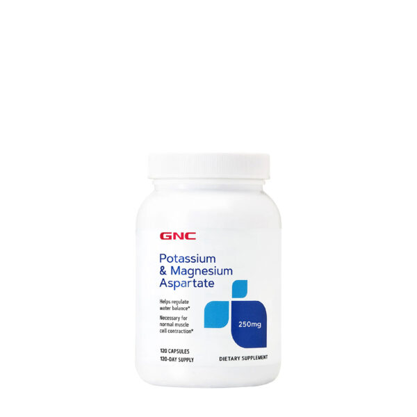 Suplemento GNC Aspartato de Potasio y Magnesio de 250mg en cápsulas para prevenir calambres musculares y equilibrar electrolitos en Ecuador.