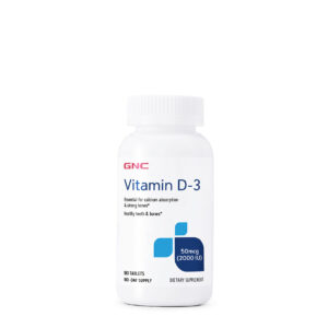Frasco de Vitamina D3 GNC 50mcg con 180 tabletas, suplemento premium para fortalecer huesos, dientes y sistema inmunológico. Producto de salud esencial en Ecuador.
