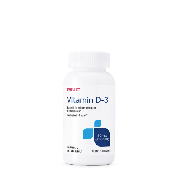 Frasco de Vitamina D3 GNC 50mcg con 180 tabletas, suplemento premium para fortalecer huesos, dientes y sistema inmunológico. Producto de salud esencial en Ecuador.