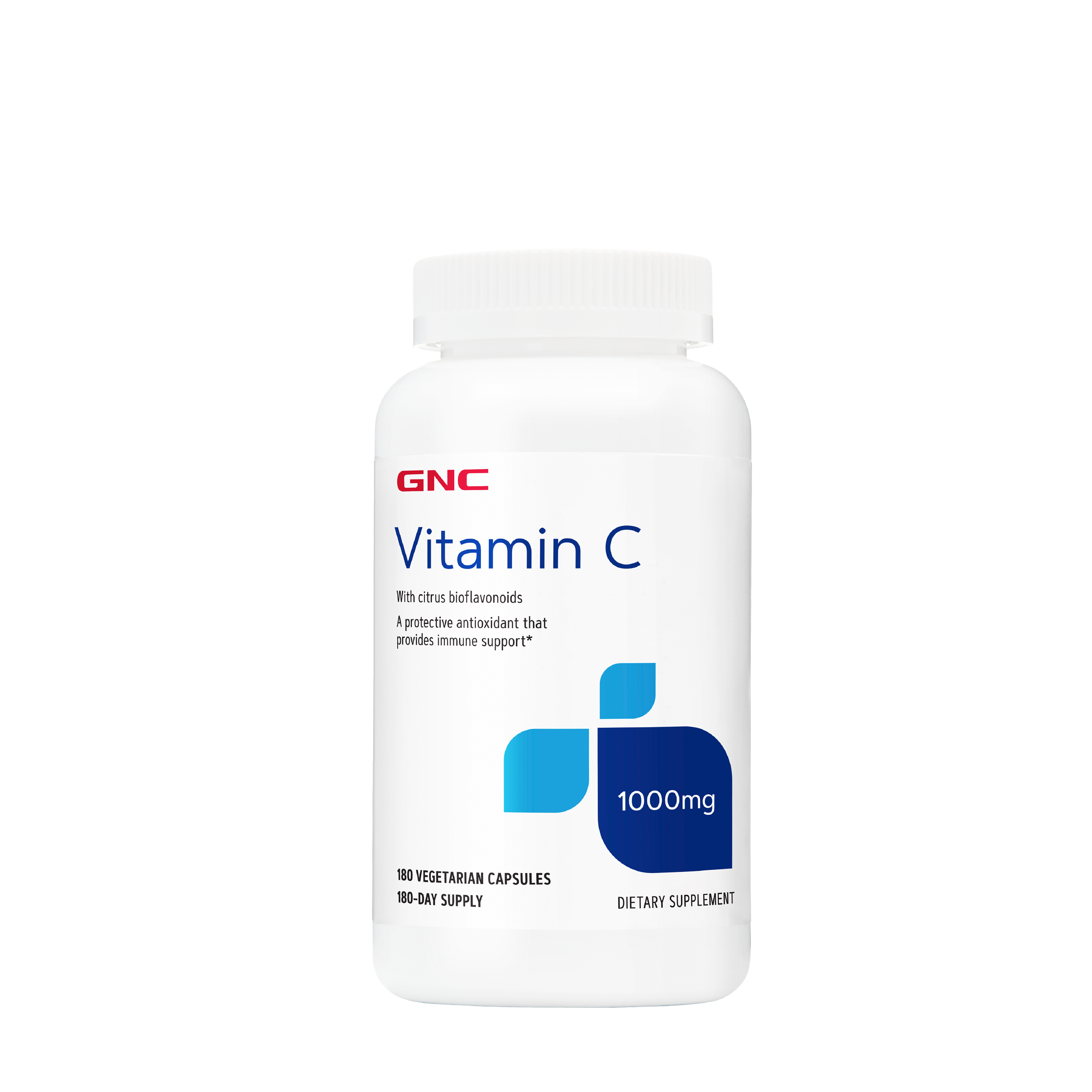 Frasco de GNC Vitamina C 1000mg de 180 tabletas de liberación prolongada para soporte inmunológico en Ecuador.