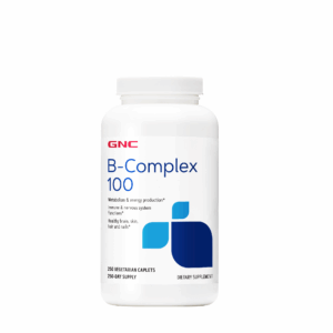 Frasco de GNC B-Complex 100 con 250 tabletas vegetarianas, suplemento vitamínico para el metabolismo energético y sistema nervioso en Ecuador.