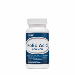 Suplemento de Ácido Fólico GNC 800 mcg en frasco de 100 tabletas vegetarianas para soporte prenatal y celular en Ecuador.