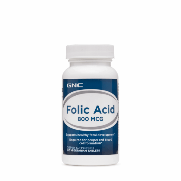 Suplemento de Ácido Fólico GNC 800 mcg en frasco de 100 tabletas vegetarianas para soporte prenatal y celular en Ecuador.