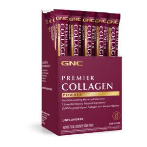Colágeno Hidrolizado GNC de 20 sachets, suplemento en polvo con péptidos marinos, biotina y zinc disponible en GNC Ecuador.