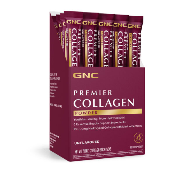 Colágeno Hidrolizado GNC de 20 sachets, suplemento en polvo con péptidos marinos, biotina y zinc disponible en GNC Ecuador.