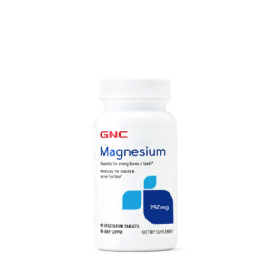 Frasco de GNC Magnesio 250mg con 90 tabletas vegetarianas para soporte muscular y alivio de calambres en Ecuador.